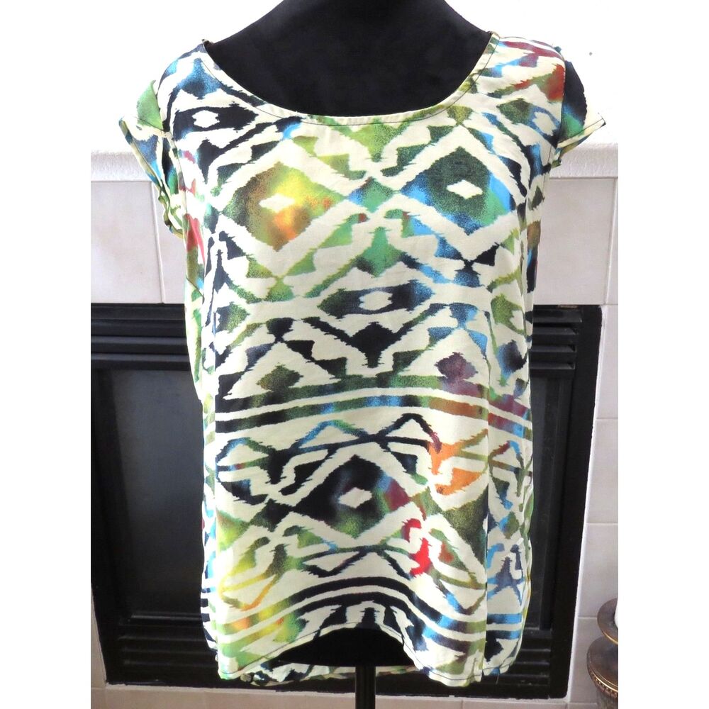 Pink Rose Blouse Boho Southwestern Aztec Print Yellow L EUC